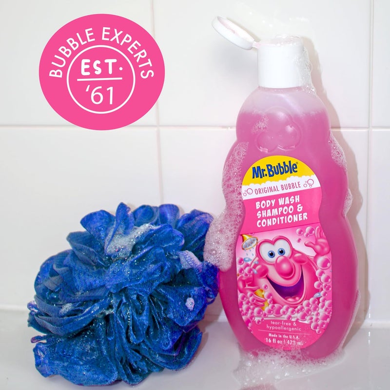 Mr. Bubble Kids Original 3in1 Shampoo, Conditioner, Body Wash â€“ Hypoallergenic, Tear Free Bubble Gum Scented, Creates Big Bubbles In The Tub And Shower (Pack Of 2 Bottles, 16 fl oz Each) - Image 4